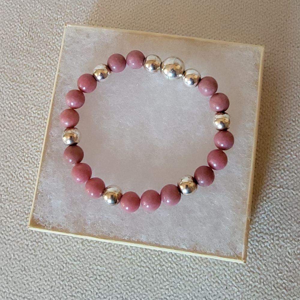 Sterling Silver & Rhodonite Bead Bracelet Magnetic Clasp